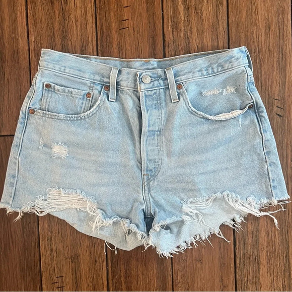 Levi’s 501 Button Fly Shorts Light Wash High Rise Jean Festival Ripped Cotton 31 - Picture 1 of 13